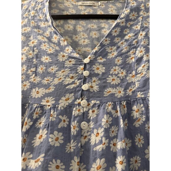 Misslook Blue Floral Daisy Print Short Sleeve Button-Front Dress Medium - Picture 5 of 5